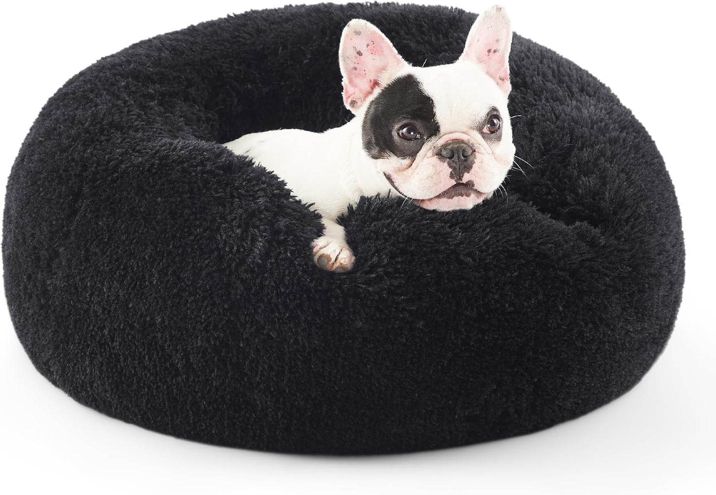 Luxurious Calming Cat Bed for Indoor Cats - 20-Inch Washable Plush Faux Fur Round Bed, Ideal for Pets Up to 15 lbs, Anti-Slip Design in Elegant Black