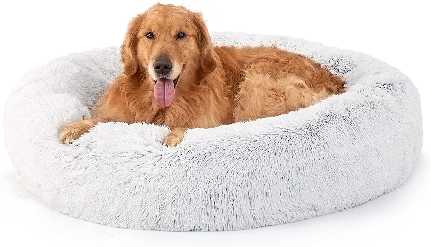 Luxurious Calming Cat Bed for Indoor Cats - 20-Inch Washable Plush Faux Fur Round Bed, Ideal for Pets Up to 15 lbs, Anti-Slip Design in Elegant Black