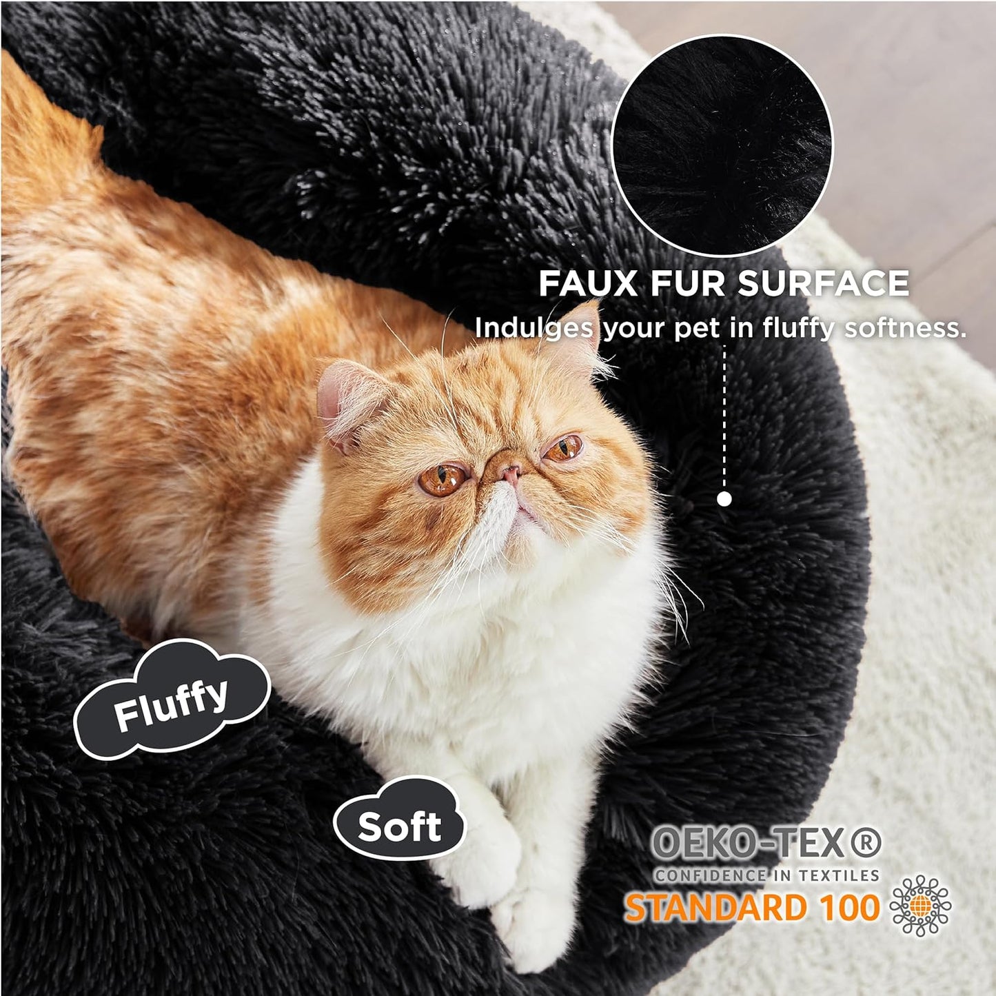 Luxurious Calming Cat Bed for Indoor Cats - 20-Inch Washable Plush Faux Fur Round Bed, Ideal for Pets Up to 15 lbs, Anti-Slip Design in Elegant Black