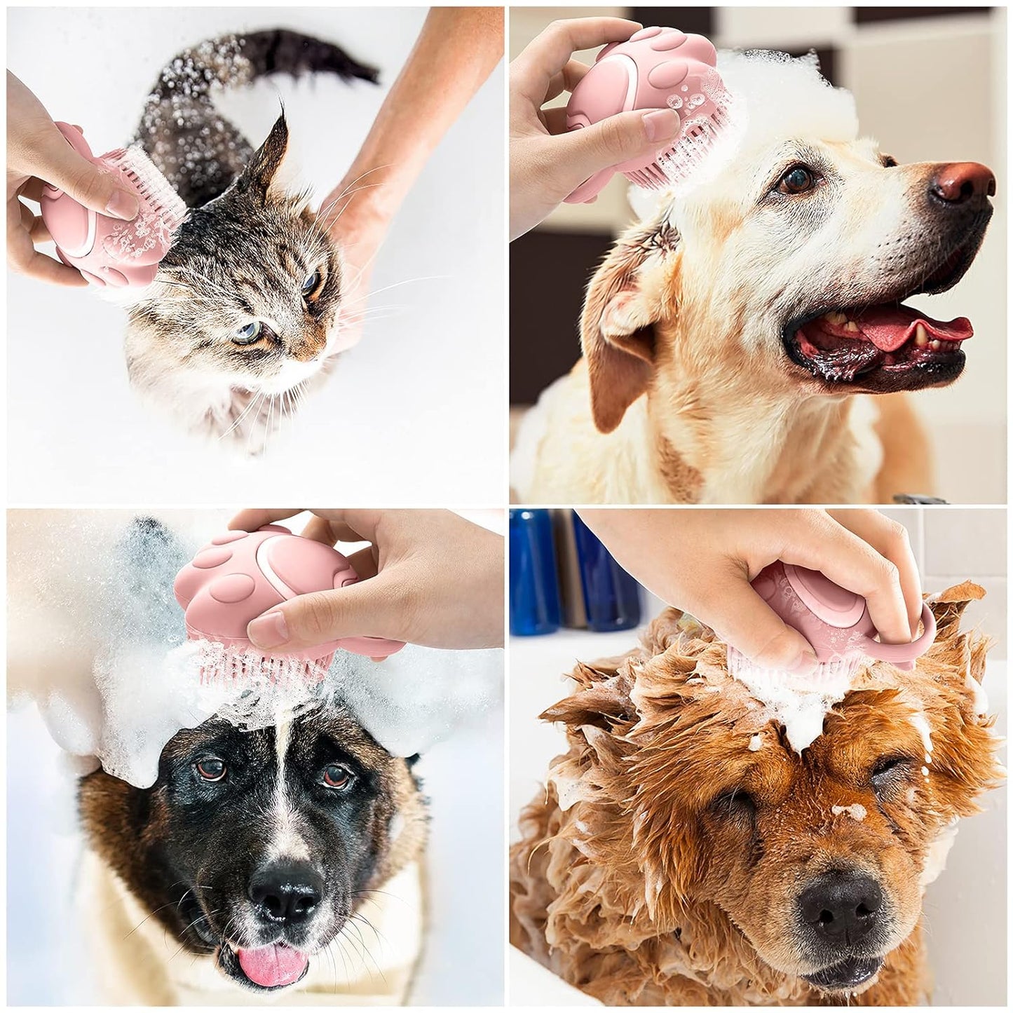 Silicone Rubber Pet Grooming Brush with Shampoo Dispenser - Soft Fur Cleaning Tool (Pink Paw Design)
