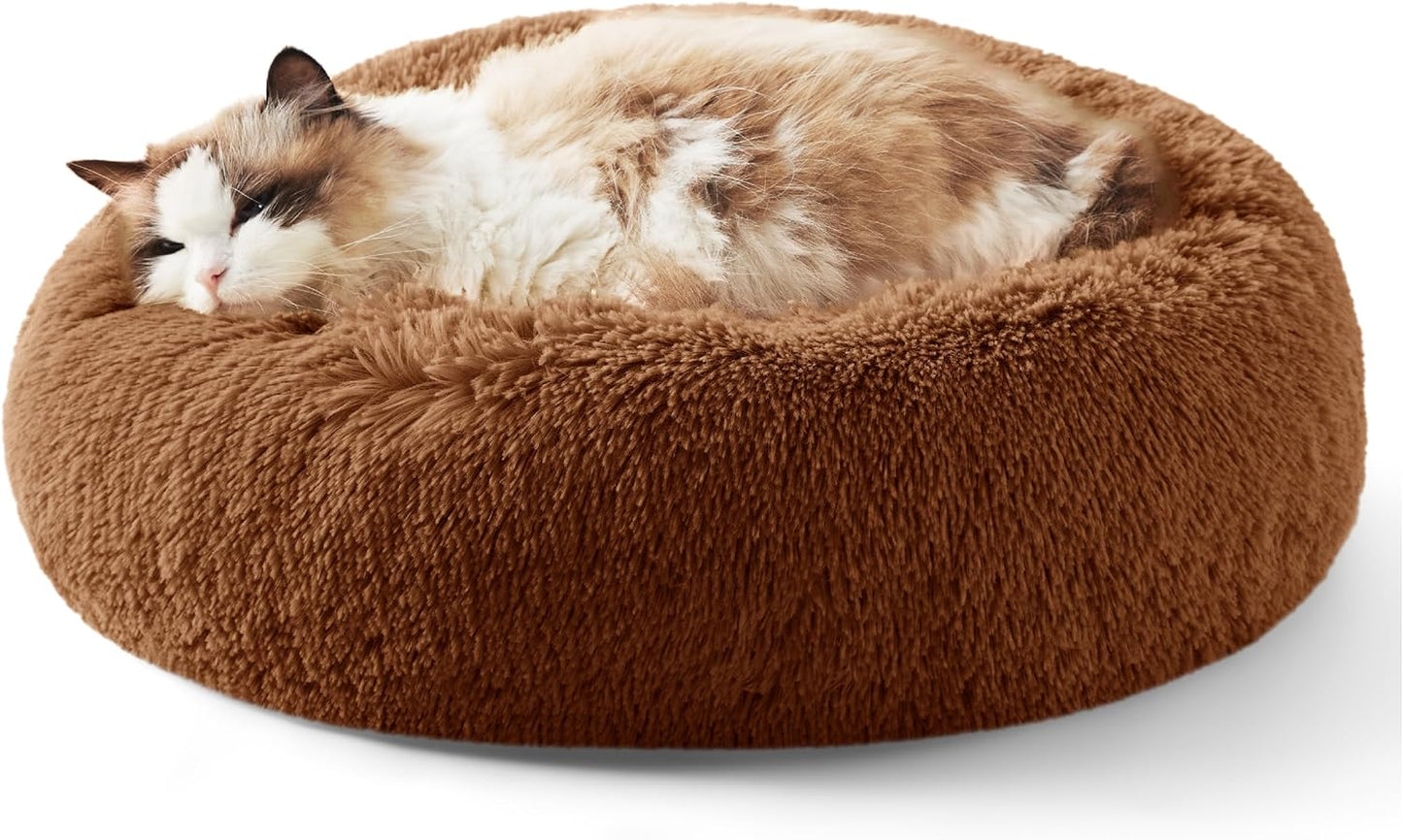 Luxurious Calming Cat Bed for Indoor Cats - 20-Inch Washable Plush Faux Fur Round Bed, Ideal for Pets Up to 15 lbs, Anti-Slip Design in Elegant Black