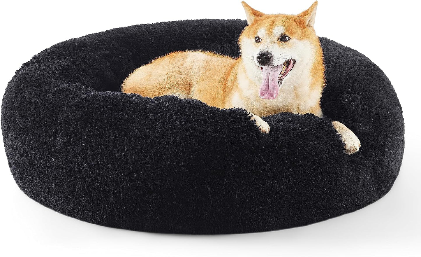 Luxurious Calming Cat Bed for Indoor Cats - 20-Inch Washable Plush Faux Fur Round Bed, Ideal for Pets Up to 15 lbs, Anti-Slip Design in Elegant Black