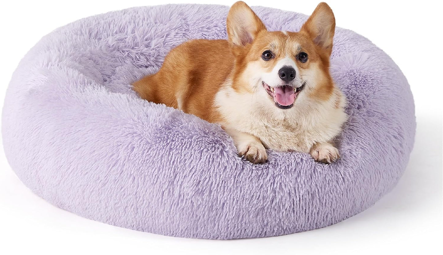 Luxurious Calming Cat Bed for Indoor Cats - 20-Inch Washable Plush Faux Fur Round Bed, Ideal for Pets Up to 15 lbs, Anti-Slip Design in Elegant Black
