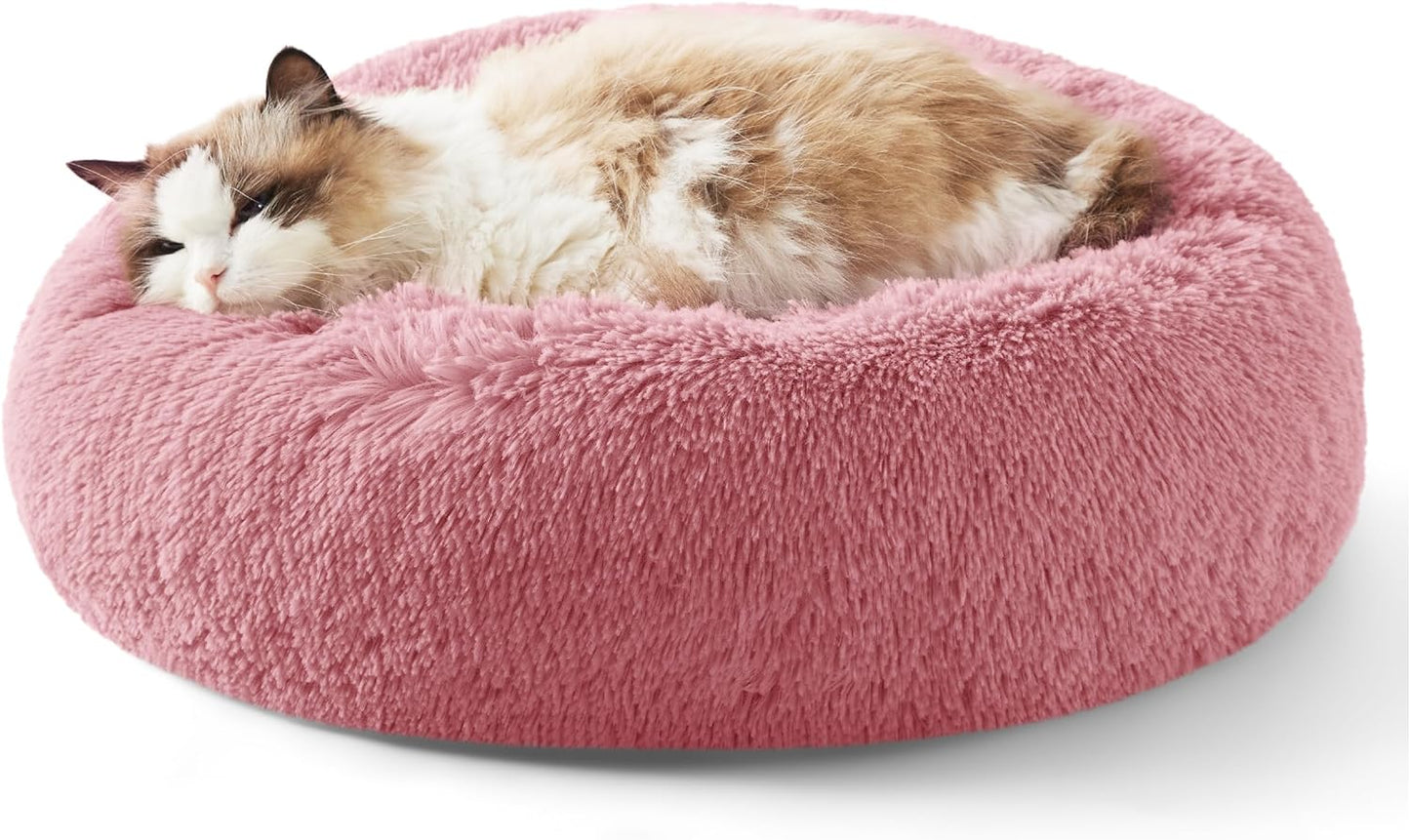 Luxurious Calming Cat Bed for Indoor Cats - 20-Inch Washable Plush Faux Fur Round Bed, Ideal for Pets Up to 15 lbs, Anti-Slip Design in Elegant Black