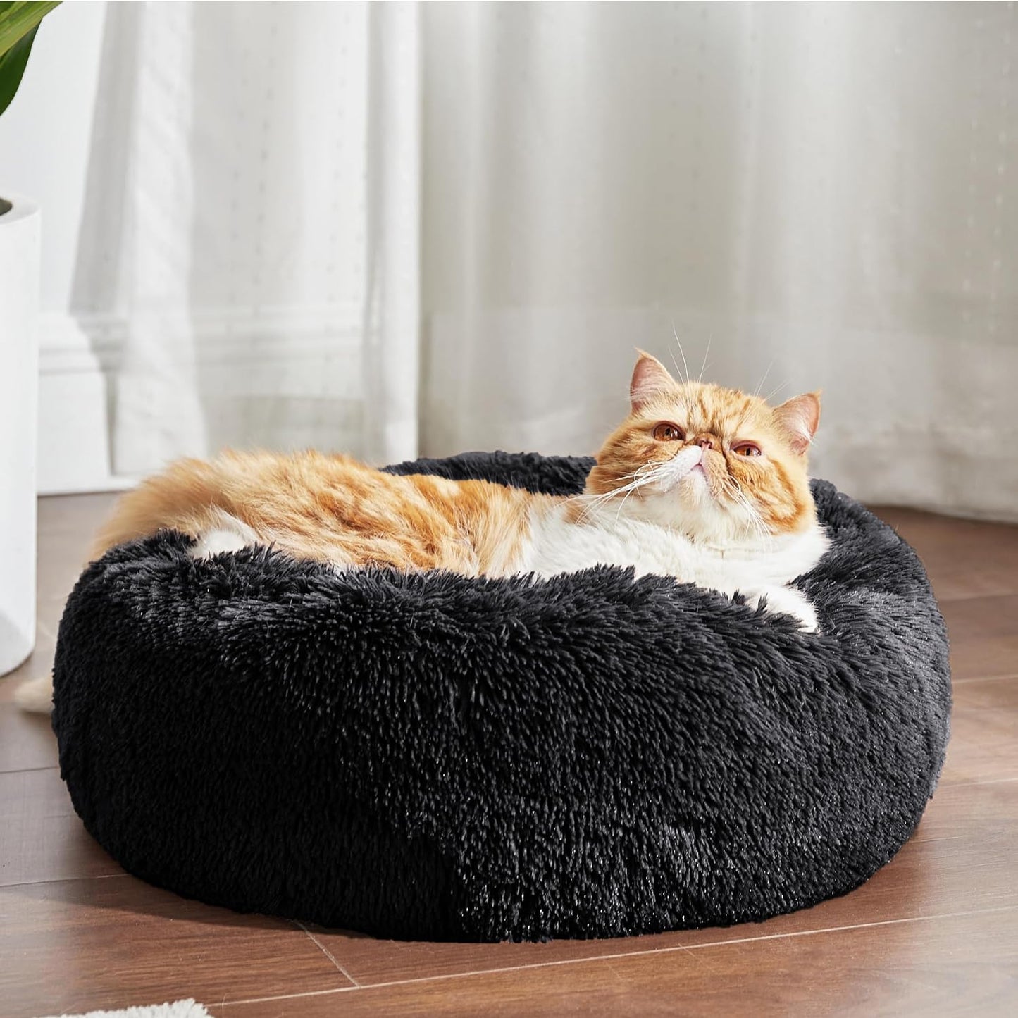 Luxurious Calming Cat Bed for Indoor Cats - 20-Inch Washable Plush Faux Fur Round Bed, Ideal for Pets Up to 15 lbs, Anti-Slip Design in Elegant Black