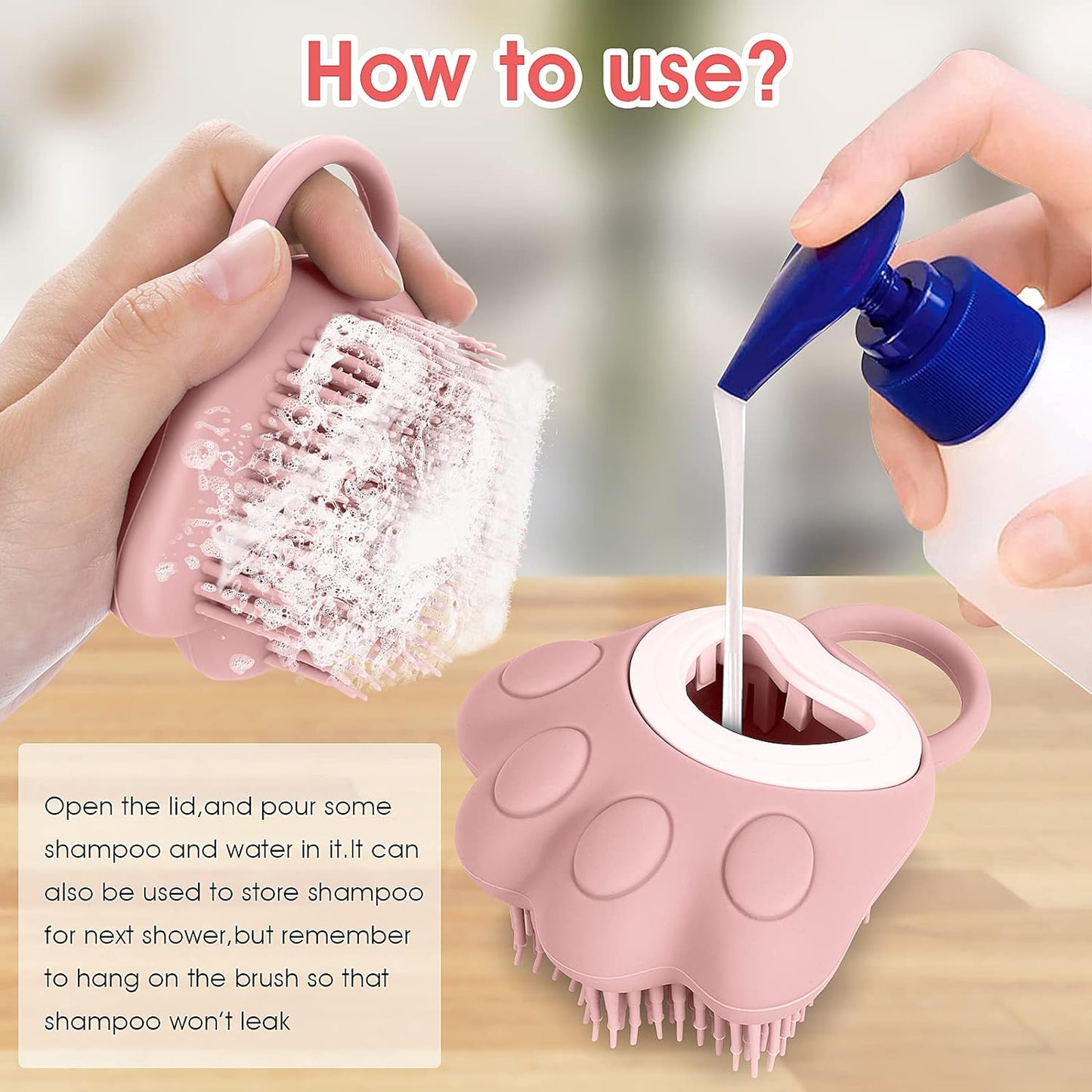 Silicone Rubber Pet Grooming Brush with Shampoo Dispenser - Soft Fur Cleaning Tool (Pink Paw Design)