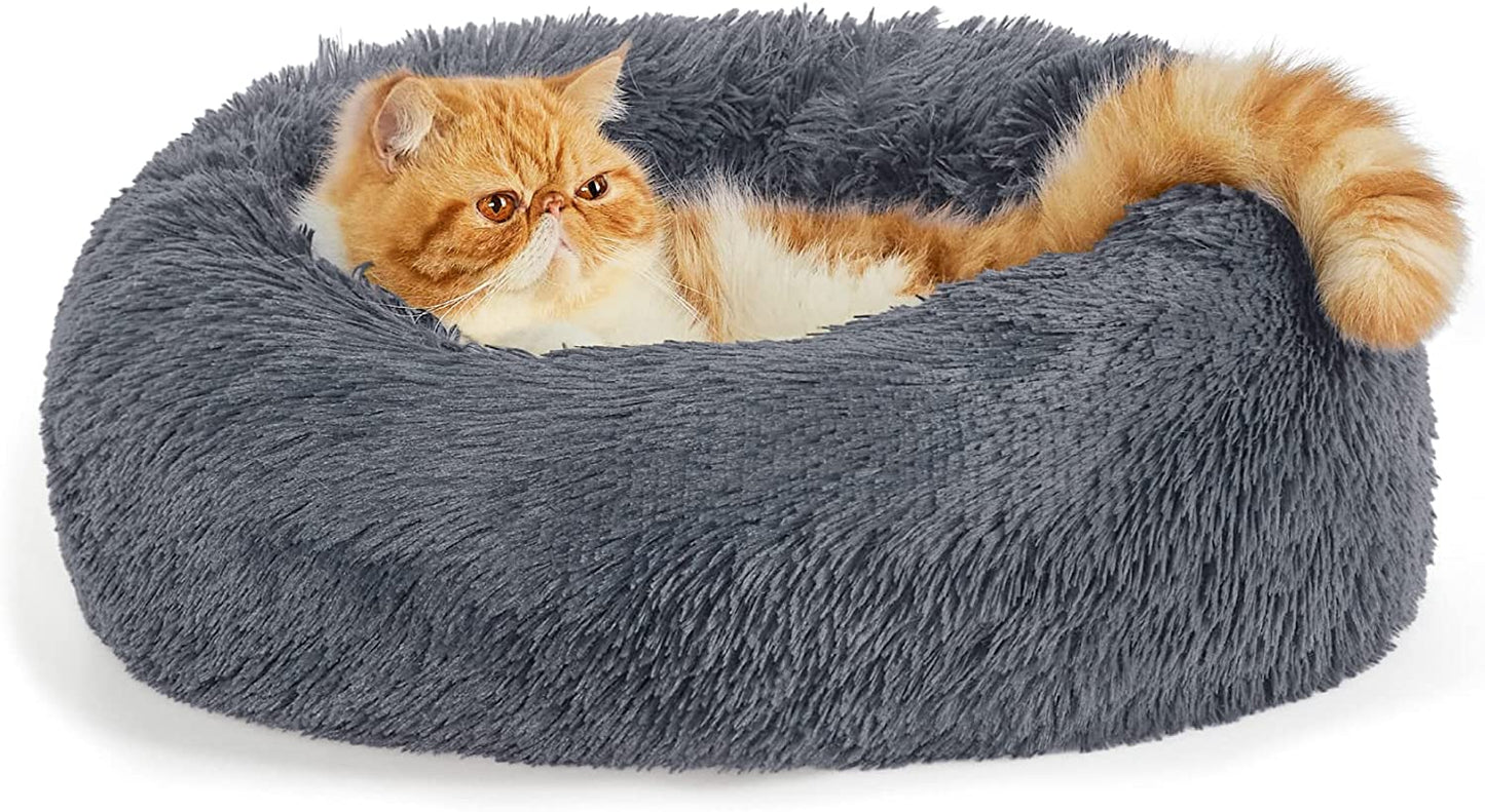Luxurious Calming Cat Bed for Indoor Cats - 20-Inch Washable Plush Faux Fur Round Bed, Ideal for Pets Up to 15 lbs, Anti-Slip Design in Elegant Black
