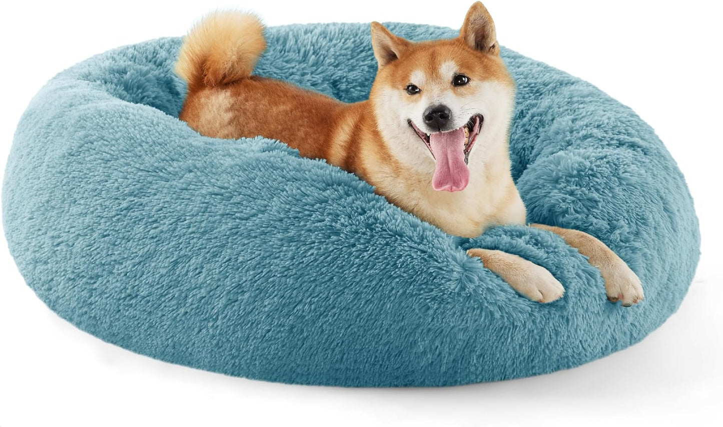 Luxurious Calming Cat Bed for Indoor Cats - 20-Inch Washable Plush Faux Fur Round Bed, Ideal for Pets Up to 15 lbs, Anti-Slip Design in Elegant Black