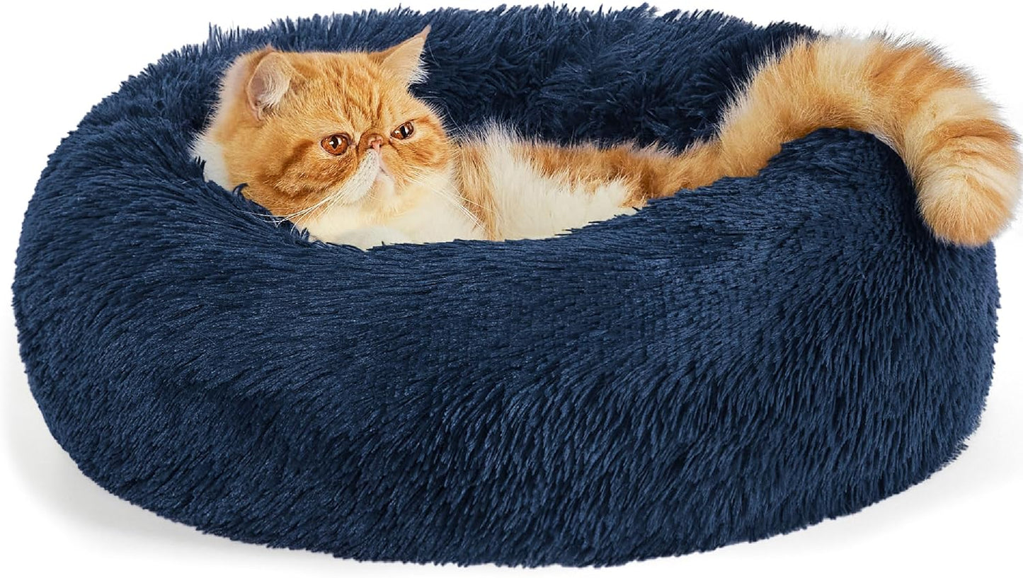 Luxurious Calming Cat Bed for Indoor Cats - 20-Inch Washable Plush Faux Fur Round Bed, Ideal for Pets Up to 15 lbs, Anti-Slip Design in Elegant Black