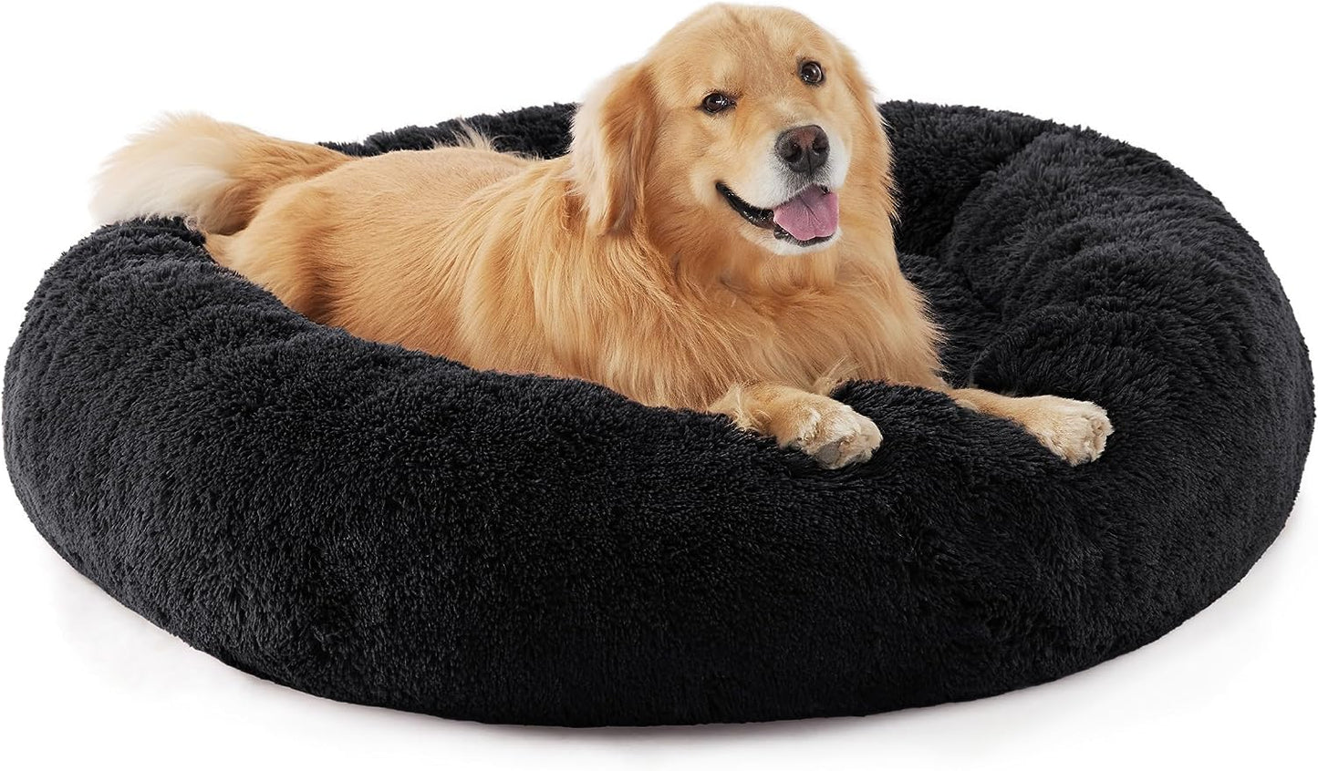 Luxurious Calming Cat Bed for Indoor Cats - 20-Inch Washable Plush Faux Fur Round Bed, Ideal for Pets Up to 15 lbs, Anti-Slip Design in Elegant Black