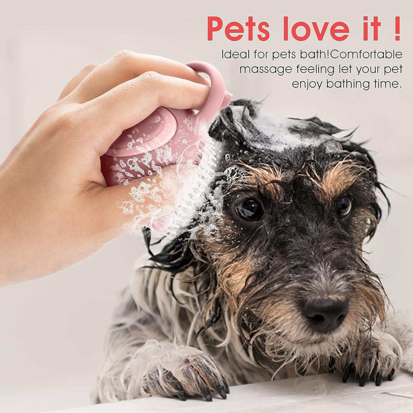 Silicone Rubber Pet Grooming Brush with Shampoo Dispenser - Soft Fur Cleaning Tool (Pink Paw Design)