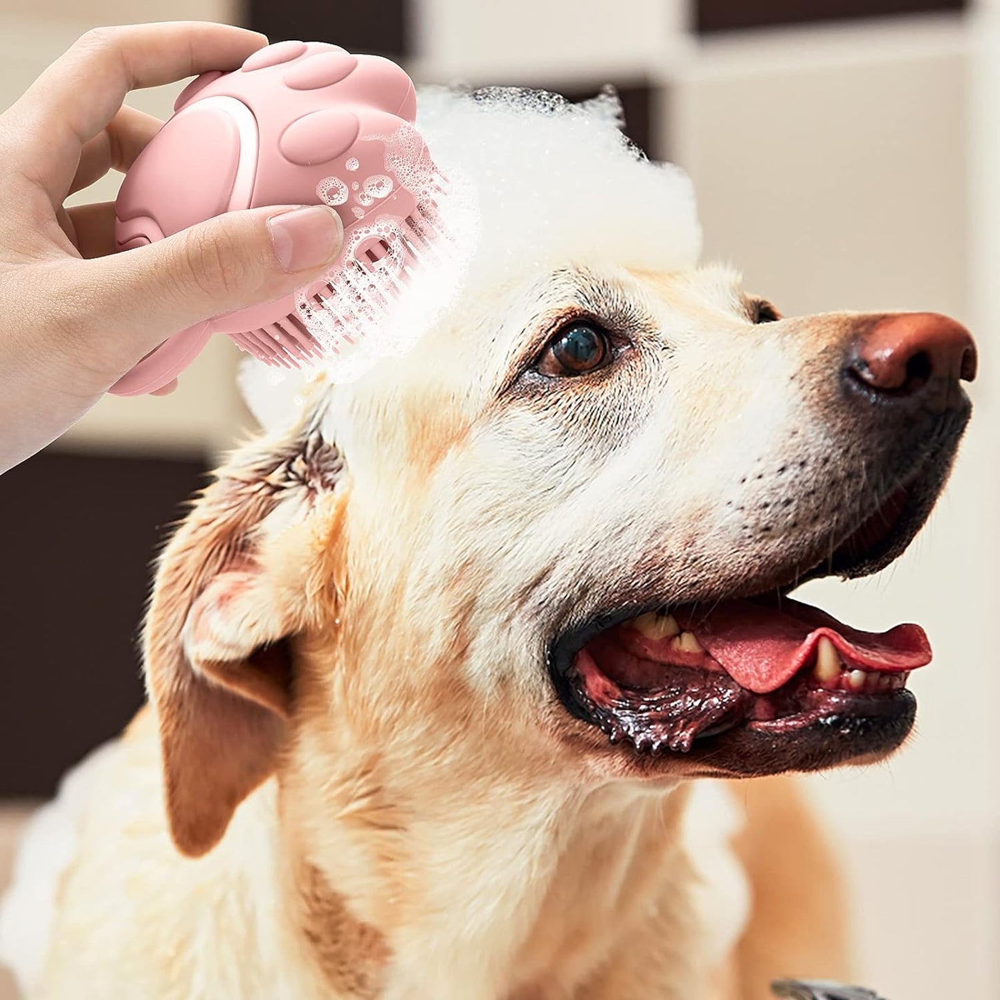 Silicone Rubber Pet Grooming Brush with Shampoo Dispenser - Soft Fur Cleaning Tool (Pink Paw Design)