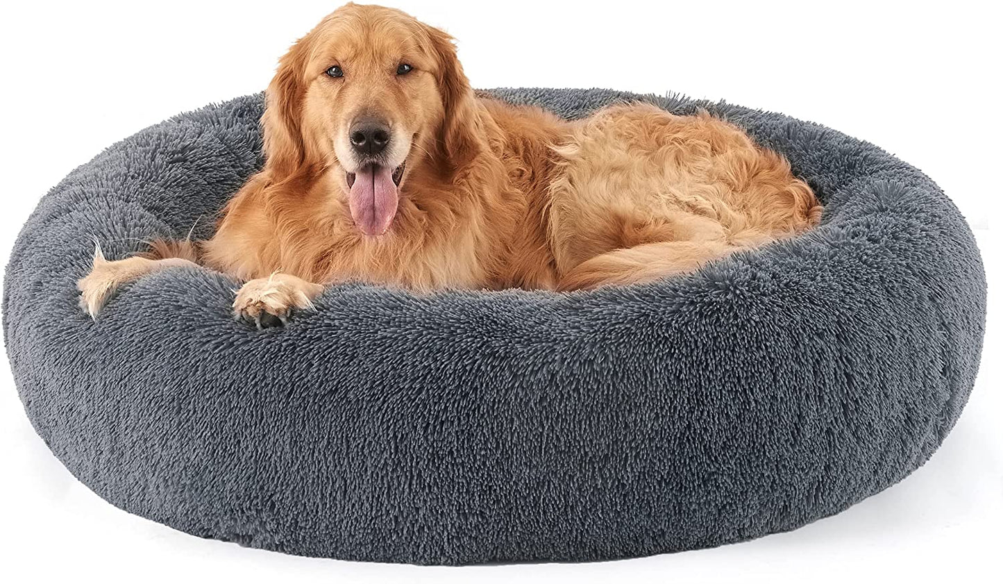 Luxurious Calming Cat Bed for Indoor Cats - 20-Inch Washable Plush Faux Fur Round Bed, Ideal for Pets Up to 15 lbs, Anti-Slip Design in Elegant Black
