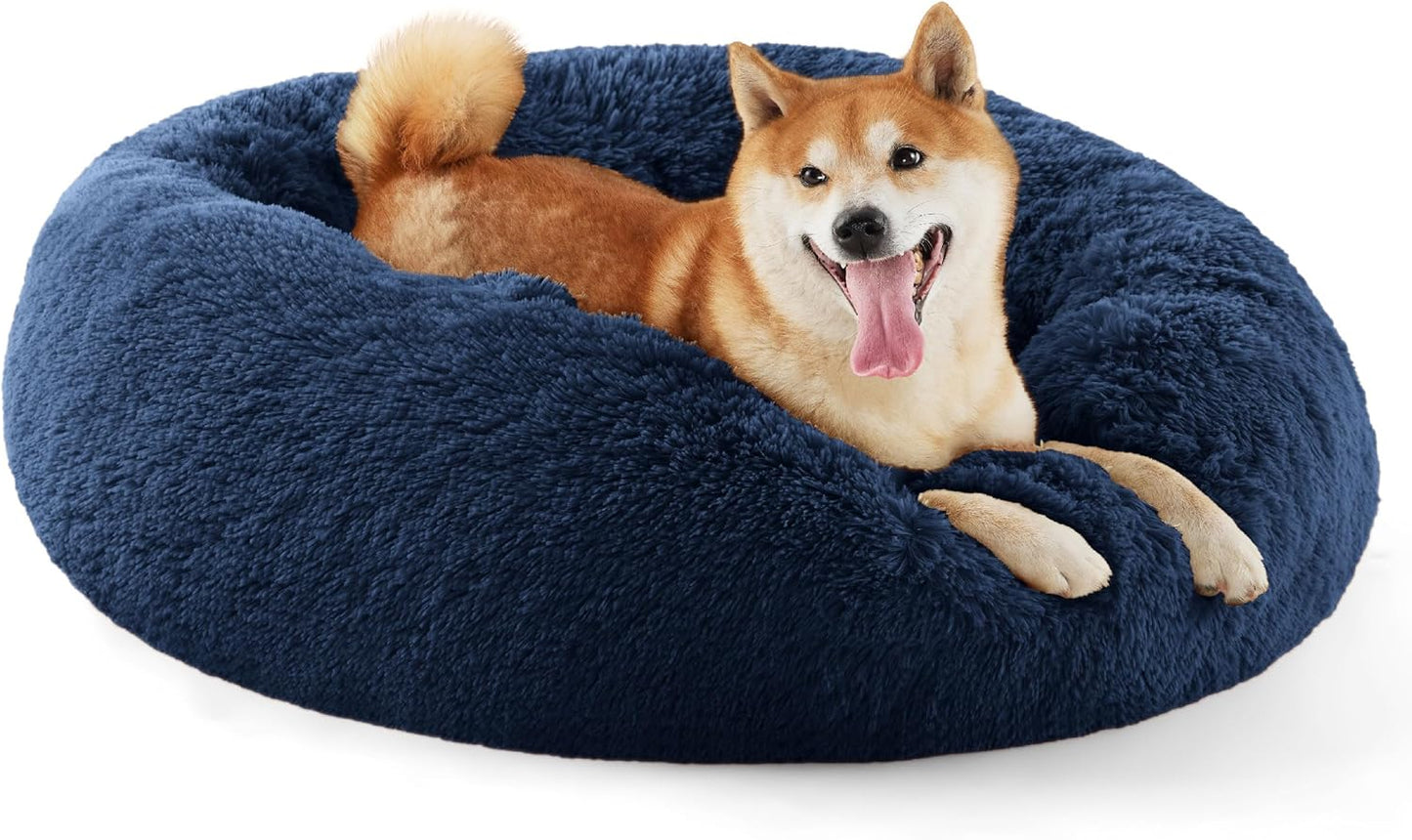 Luxurious Calming Cat Bed for Indoor Cats - 20-Inch Washable Plush Faux Fur Round Bed, Ideal for Pets Up to 15 lbs, Anti-Slip Design in Elegant Black