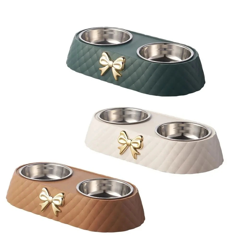 Elegant Stainless Steel Double Pet Bowl with Stylish Bow-Tie Bowknot Design for Cats and Dogs