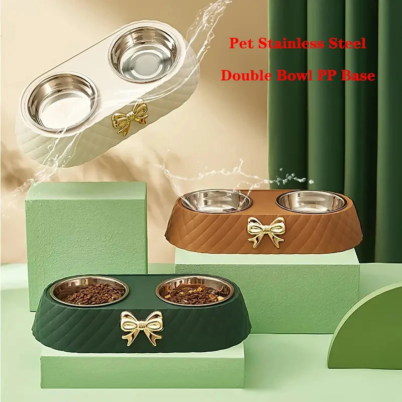 Elegant Stainless Steel Double Pet Bowl with Stylish Bow-Tie Bowknot Design for Cats and Dogs