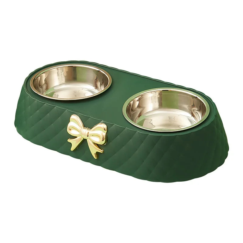 Elegant Stainless Steel Double Pet Bowl with Stylish Bow-Tie Bowknot Design for Cats and Dogs