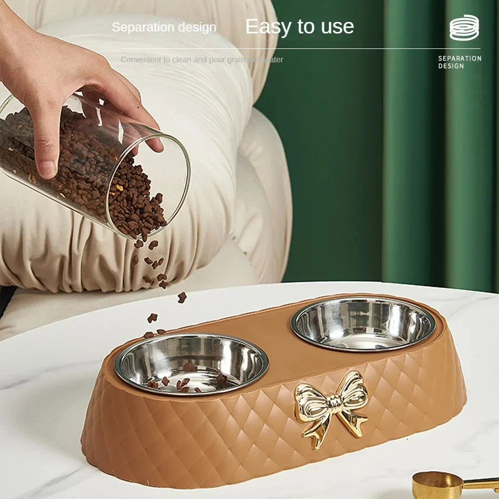 Elegant Stainless Steel Double Pet Bowl with Stylish Bow-Tie Bowknot Design for Cats and Dogs