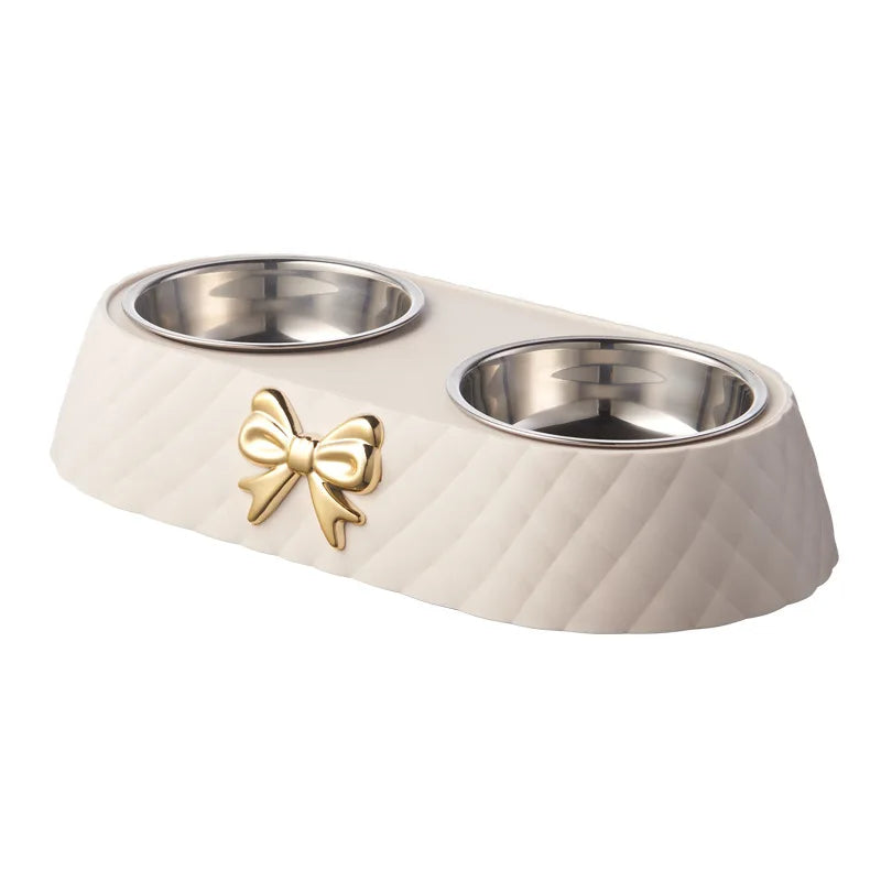 Elegant Stainless Steel Double Pet Bowl with Stylish Bow-Tie Bowknot Design for Cats and Dogs
