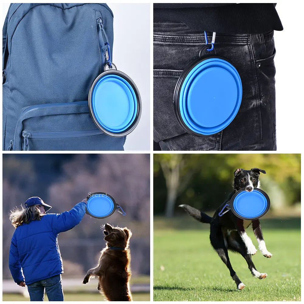 Portable and Versatile Folding Dog Food and Water Bowl for Outdoor Adventures with Carabiner Attachment