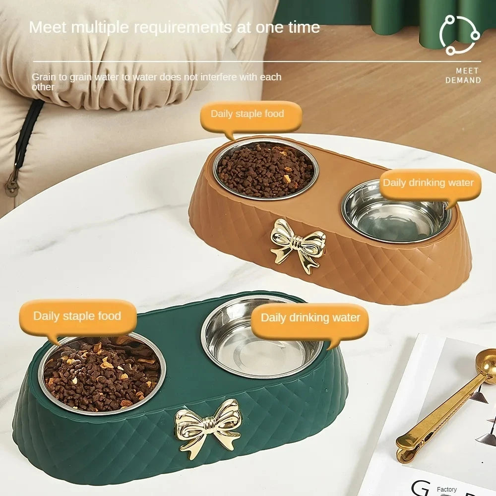 Elegant Stainless Steel Double Pet Bowl with Stylish Bow-Tie Bowknot Design for Cats and Dogs