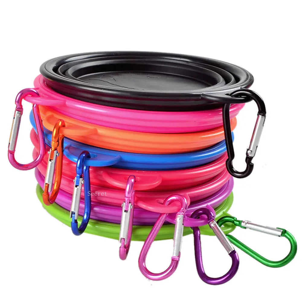 Portable and Versatile Folding Dog Food and Water Bowl for Outdoor Adventures with Carabiner Attachment
