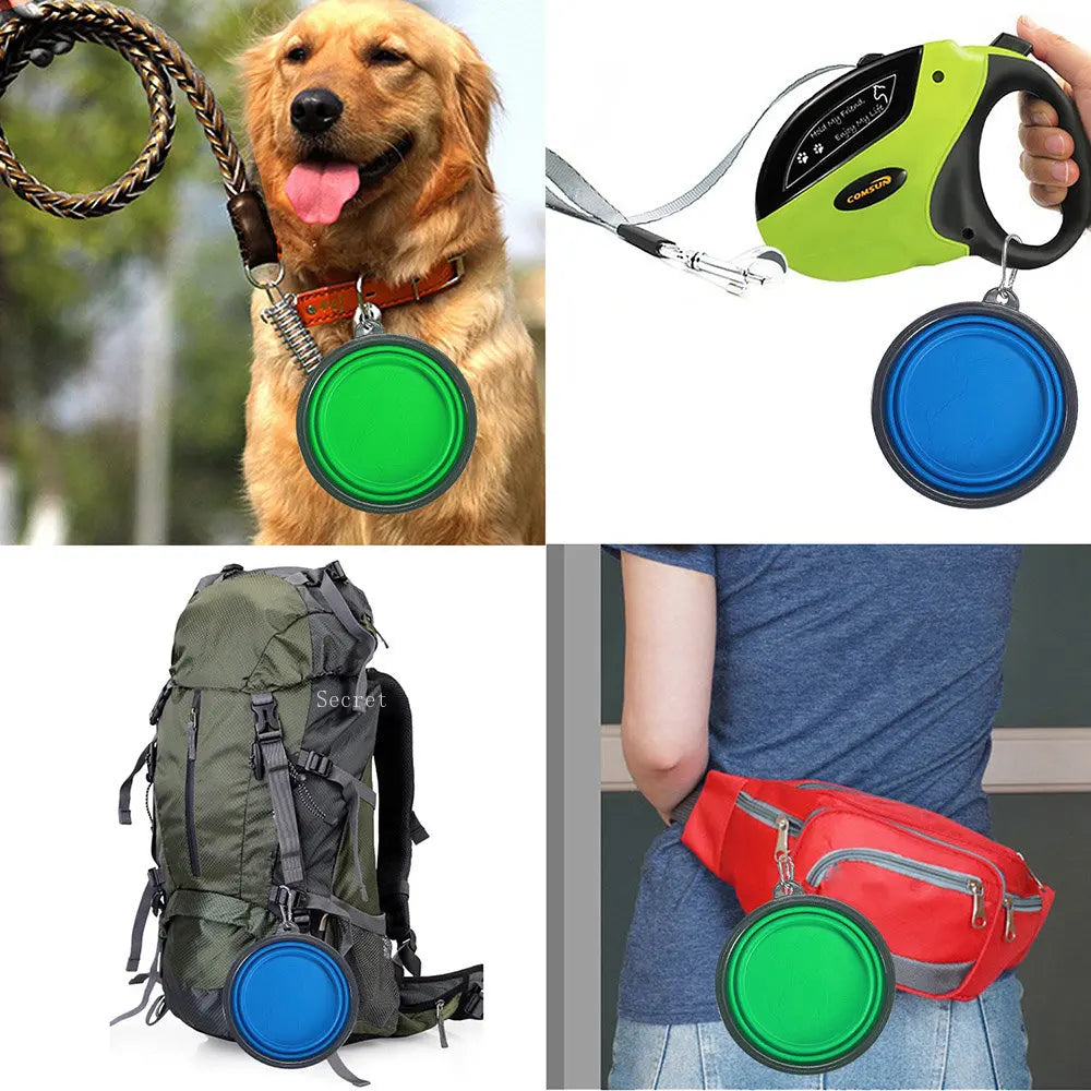 Portable and Versatile Folding Dog Food and Water Bowl for Outdoor Adventures with Carabiner Attachment