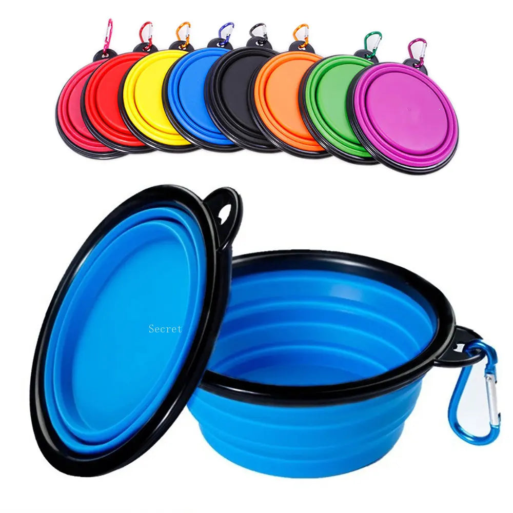 Portable and Versatile Folding Dog Food and Water Bowl for Outdoor Adventures with Carabiner Attachment
