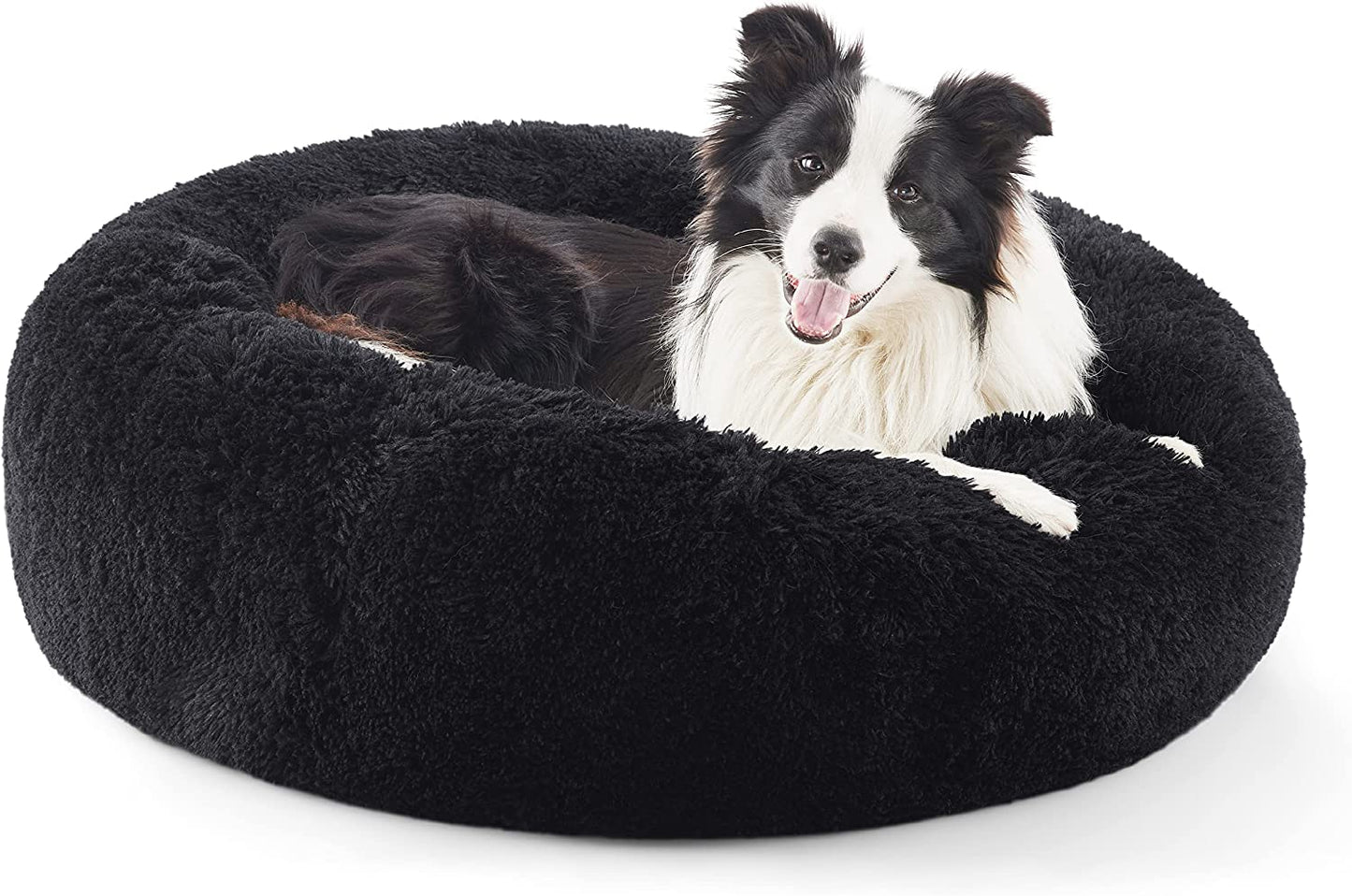 Luxurious Calming Cat Bed for Indoor Cats - 20-Inch Washable Plush Faux Fur Round Bed, Ideal for Pets Up to 15 lbs, Anti-Slip Design in Elegant Black