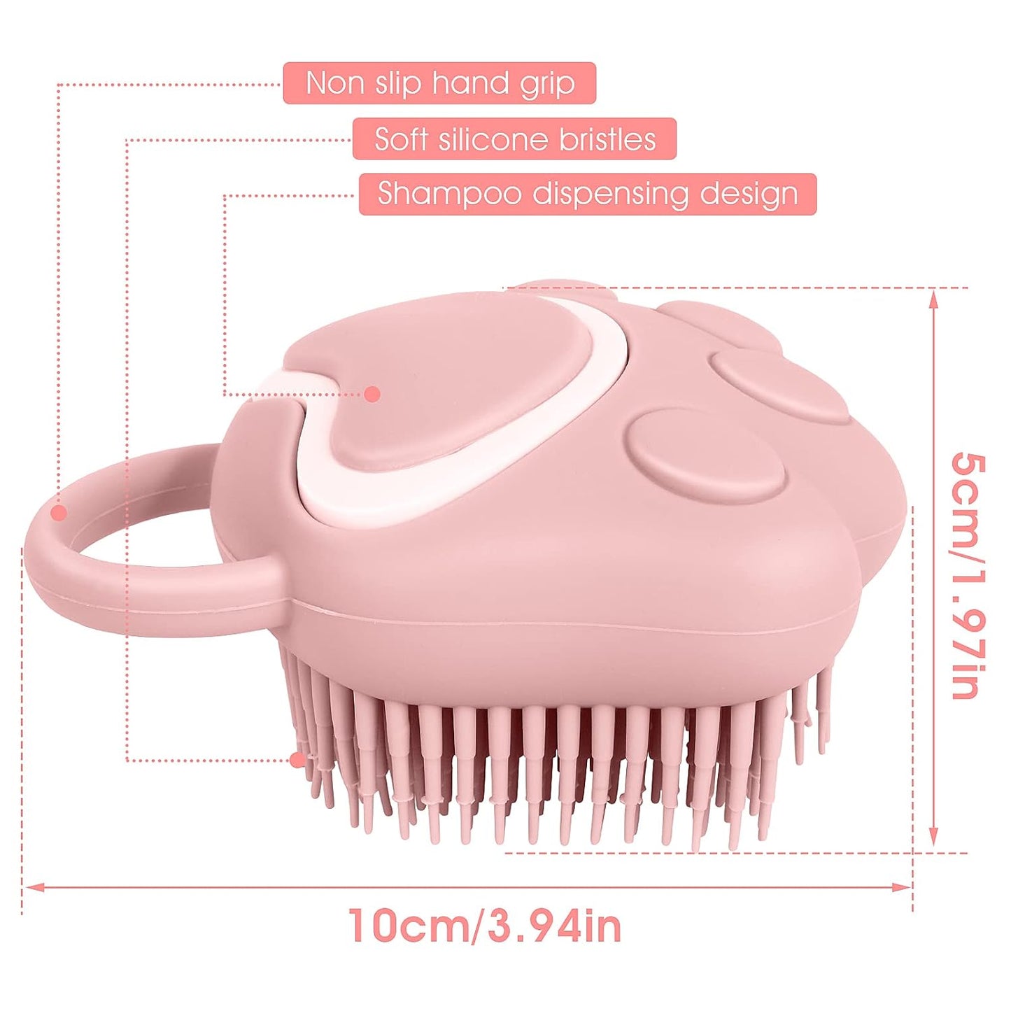 Silicone Rubber Pet Grooming Brush with Shampoo Dispenser - Soft Fur Cleaning Tool (Pink Paw Design)