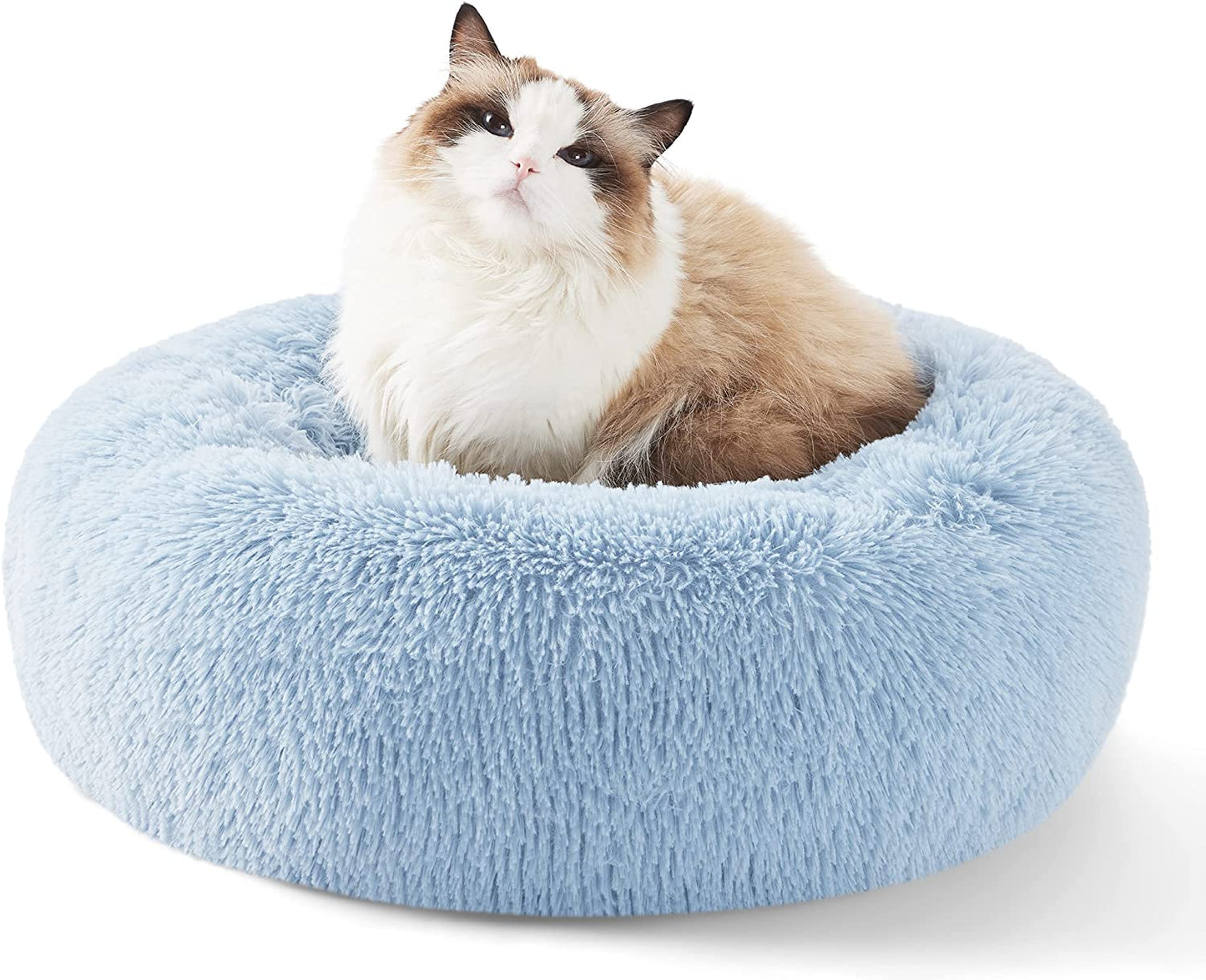 Luxurious Calming Cat Bed for Indoor Cats - 20-Inch Washable Plush Faux Fur Round Bed, Ideal for Pets Up to 15 lbs, Anti-Slip Design in Elegant Black