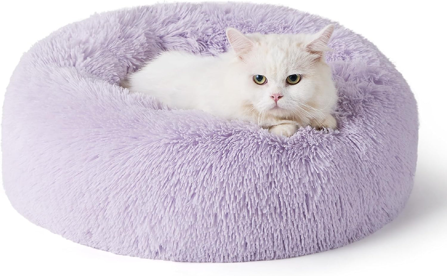 Luxurious Calming Cat Bed for Indoor Cats - 20-Inch Washable Plush Faux Fur Round Bed, Ideal for Pets Up to 15 lbs, Anti-Slip Design in Elegant Black