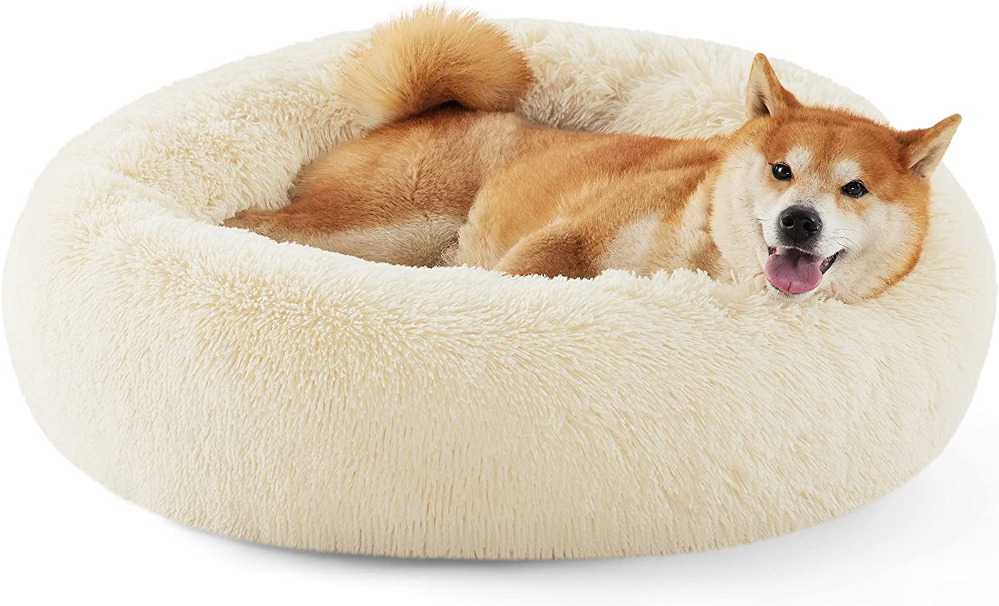 Luxurious Calming Cat Bed for Indoor Cats - 20-Inch Washable Plush Faux Fur Round Bed, Ideal for Pets Up to 15 lbs, Anti-Slip Design in Elegant Black