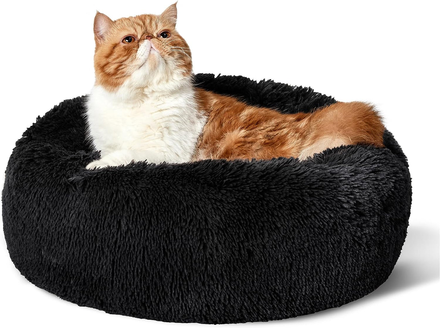 Luxurious Calming Cat Bed for Indoor Cats - 20-Inch Washable Plush Faux Fur Round Bed, Ideal for Pets Up to 15 lbs, Anti-Slip Design in Elegant Black