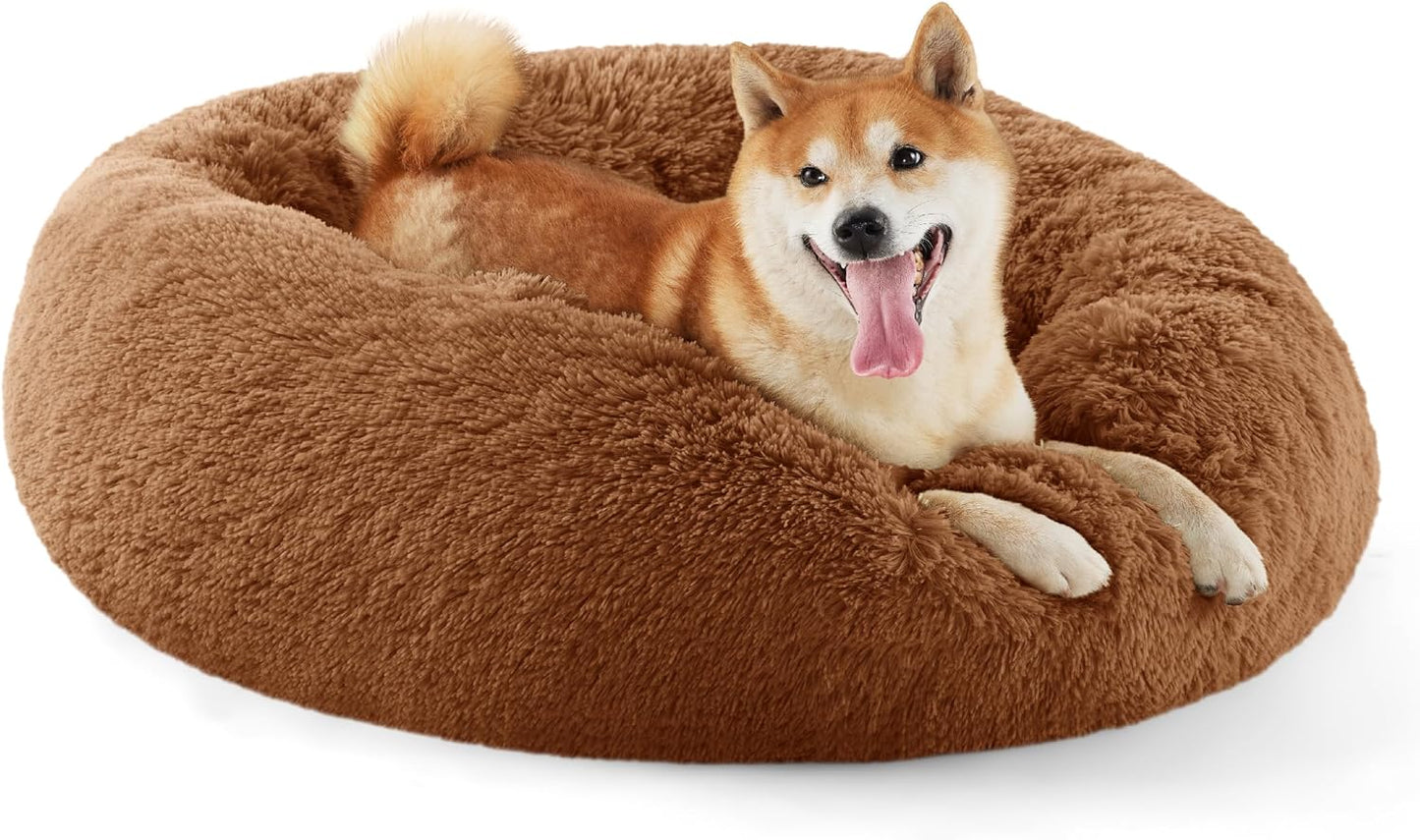 Luxurious Calming Cat Bed for Indoor Cats - 20-Inch Washable Plush Faux Fur Round Bed, Ideal for Pets Up to 15 lbs, Anti-Slip Design in Elegant Black