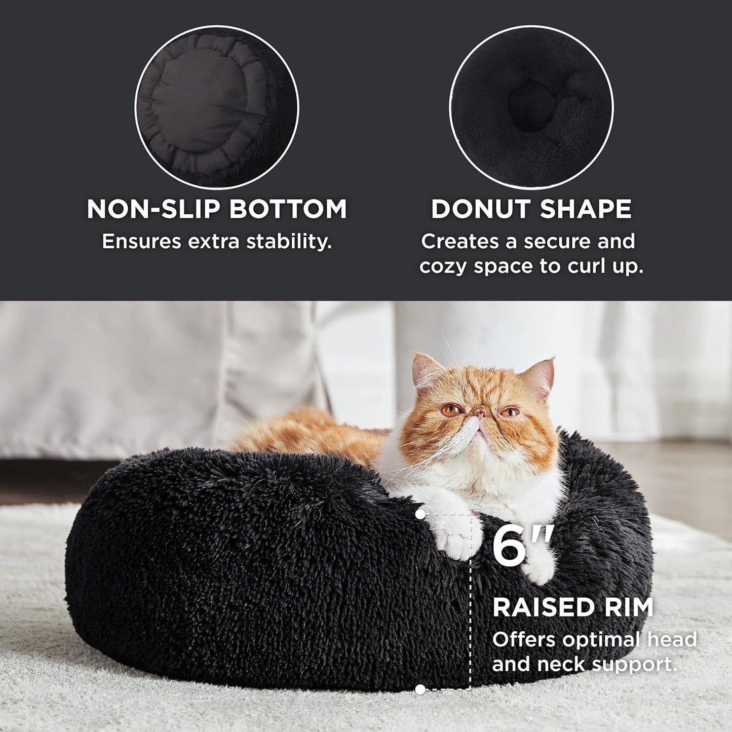 Luxurious Calming Cat Bed for Indoor Cats - 20-Inch Washable Plush Faux Fur Round Bed, Ideal for Pets Up to 15 lbs, Anti-Slip Design in Elegant Black