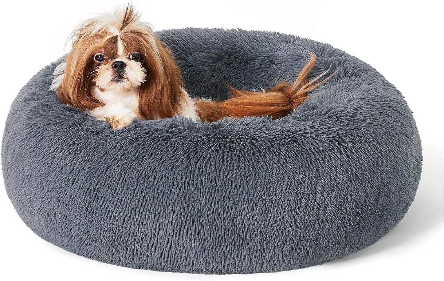 Luxurious Calming Cat Bed for Indoor Cats - 20-Inch Washable Plush Faux Fur Round Bed, Ideal for Pets Up to 15 lbs, Anti-Slip Design in Elegant Black