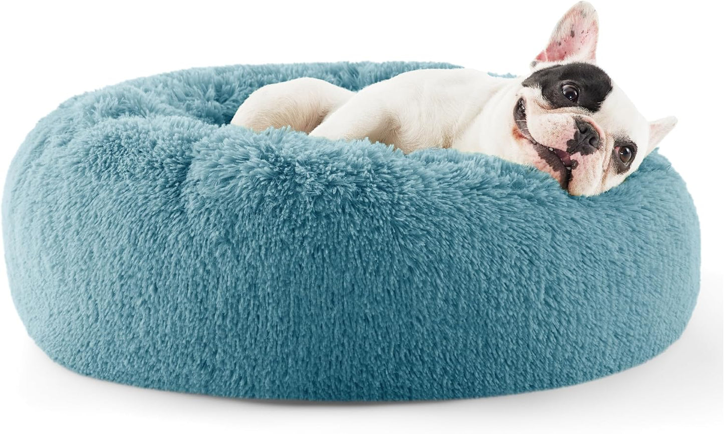 Luxurious Calming Cat Bed for Indoor Cats - 20-Inch Washable Plush Faux Fur Round Bed, Ideal for Pets Up to 15 lbs, Anti-Slip Design in Elegant Black