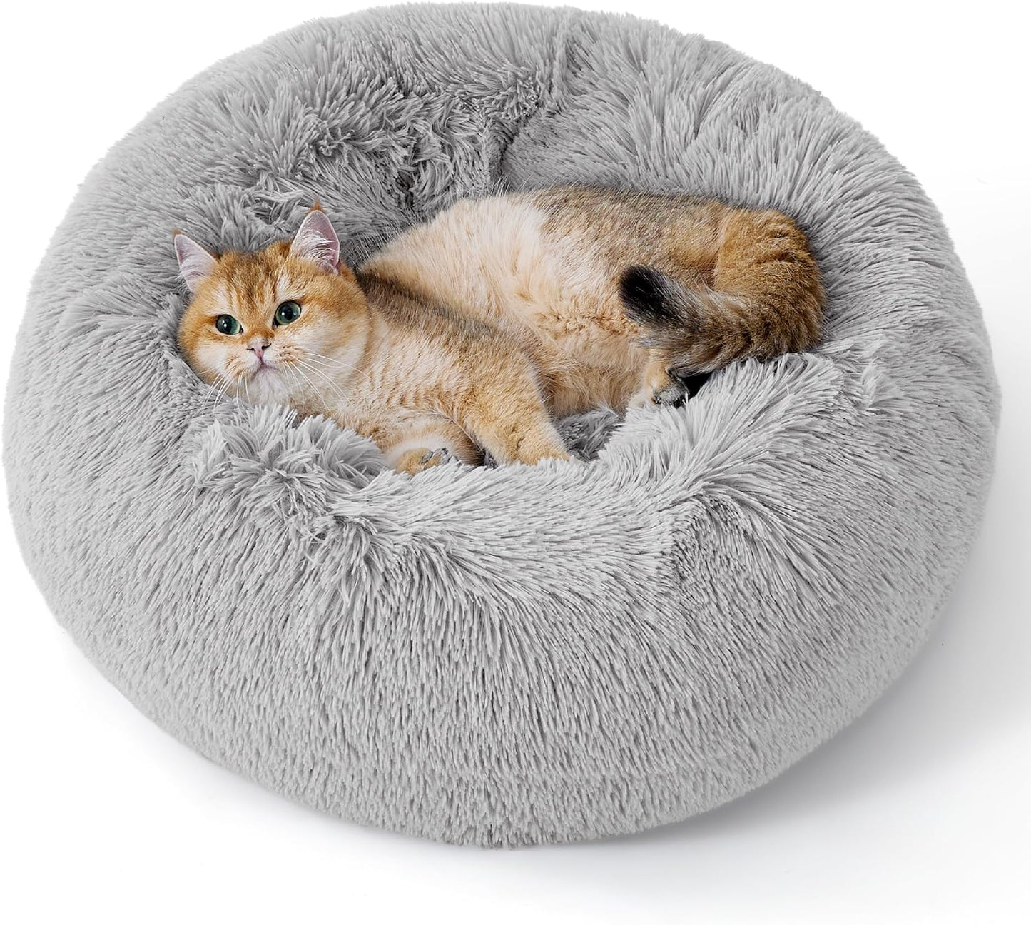 Luxurious Calming Cat Bed for Indoor Cats - 20-Inch Washable Plush Faux Fur Round Bed, Ideal for Pets Up to 15 lbs, Anti-Slip Design in Elegant Black