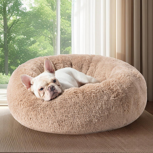 Luxurious Calming Cat Bed for Indoor Cats - 20-Inch Washable Plush Faux Fur Round Bed, Ideal for Pets Up to 15 lbs, Anti-Slip Design in Elegant Black