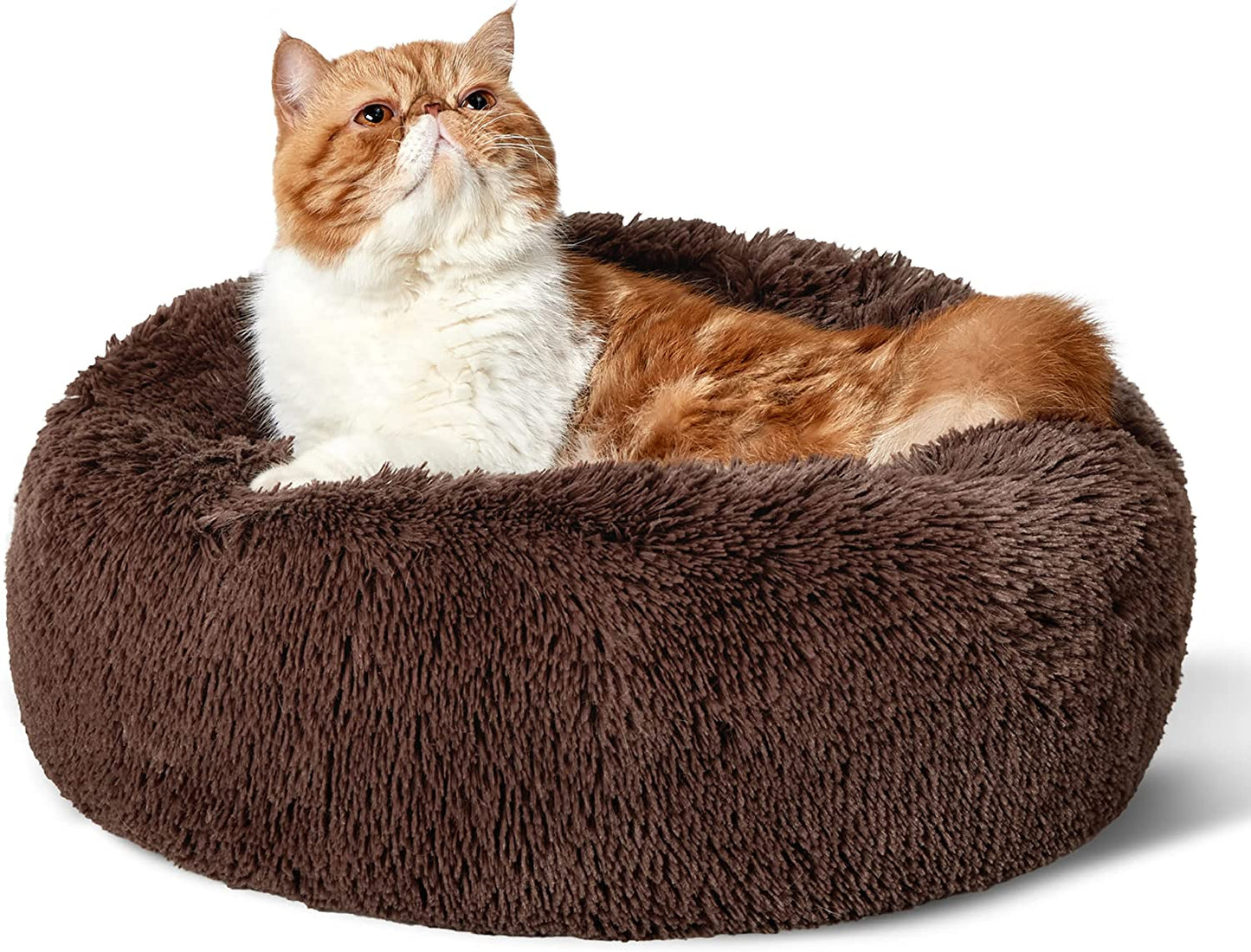 Luxurious Calming Cat Bed for Indoor Cats - 20-Inch Washable Plush Faux Fur Round Bed, Ideal for Pets Up to 15 lbs, Anti-Slip Design in Elegant Black