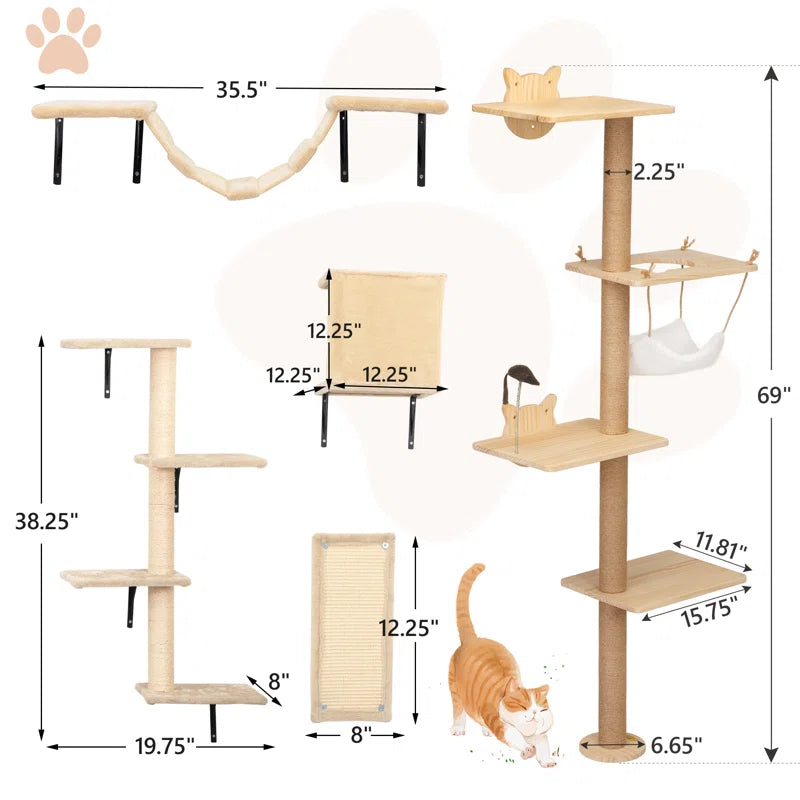 Damyanti Premium Wall-Mounted Cat Tree with 6-Tier Climbing Center and Accessories