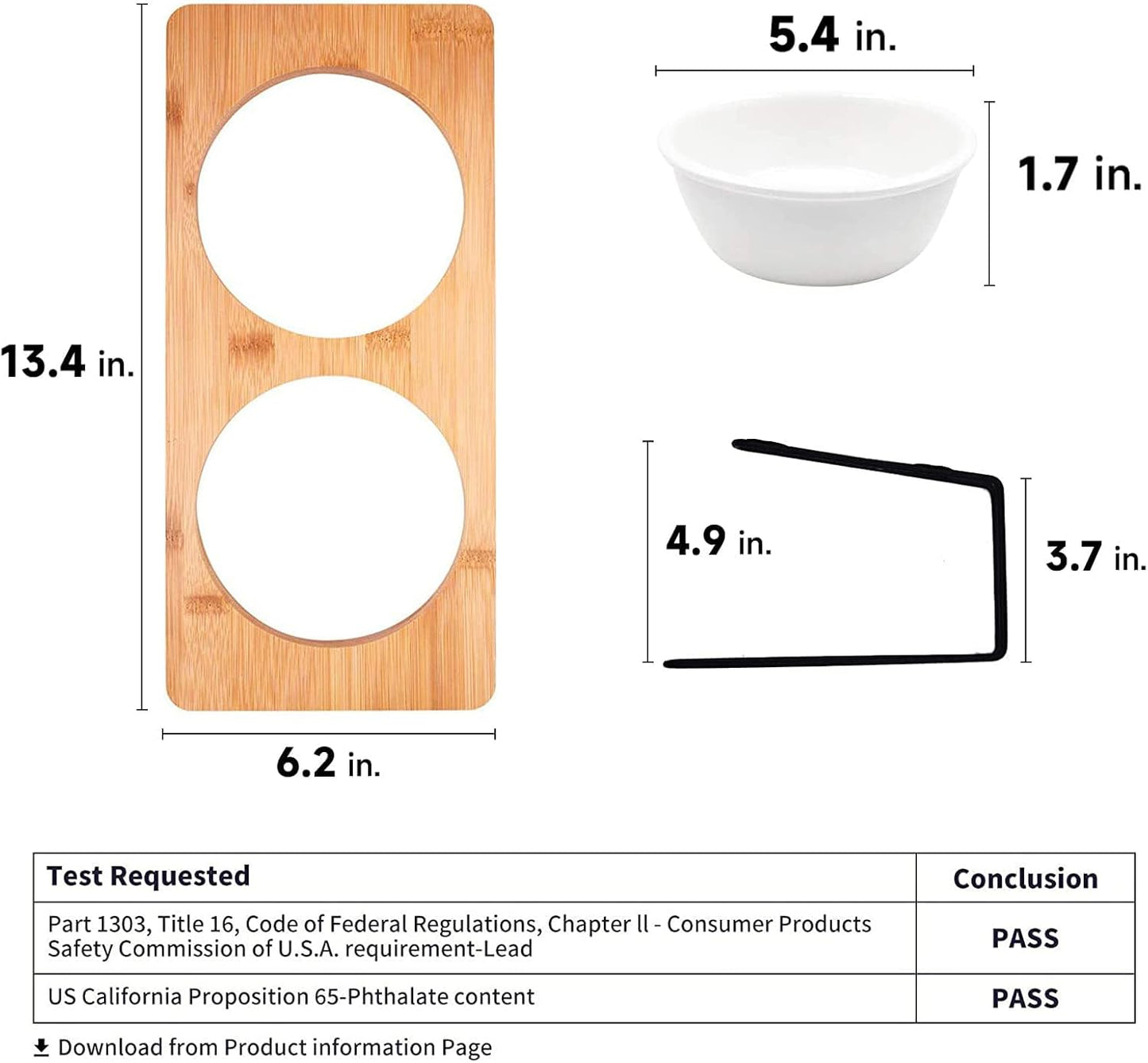 Elevated Cat Ceramic Bowls, Small Dog 15° Tilted Raised Food Feeding Dishes, Solid Bamboo Water Stand Feeder Set for Cats and Puppy