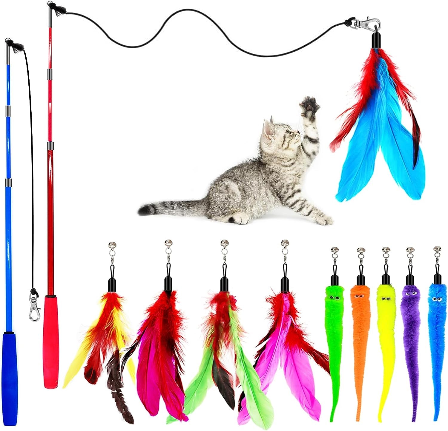 Cat Toy Wand, Retractable Cat Feather Toys and Replacement Refills with Bells, Interactive Cat Toys for Cat Kitten Exercise