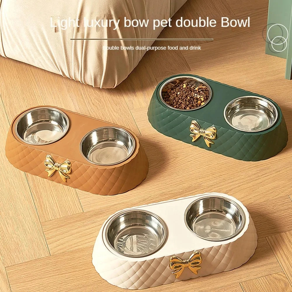 Elegant Stainless Steel Double Pet Bowl with Stylish Bow-Tie Bowknot Design for Cats and Dogs