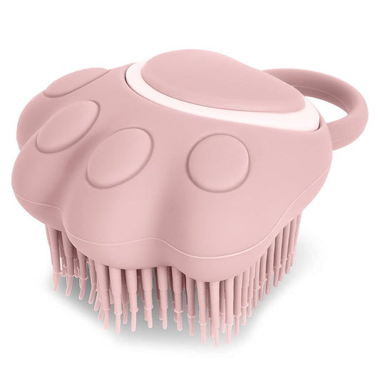 Silicone Rubber Pet Grooming Brush with Shampoo Dispenser - Soft Fur Cleaning Tool (Pink Paw Design)