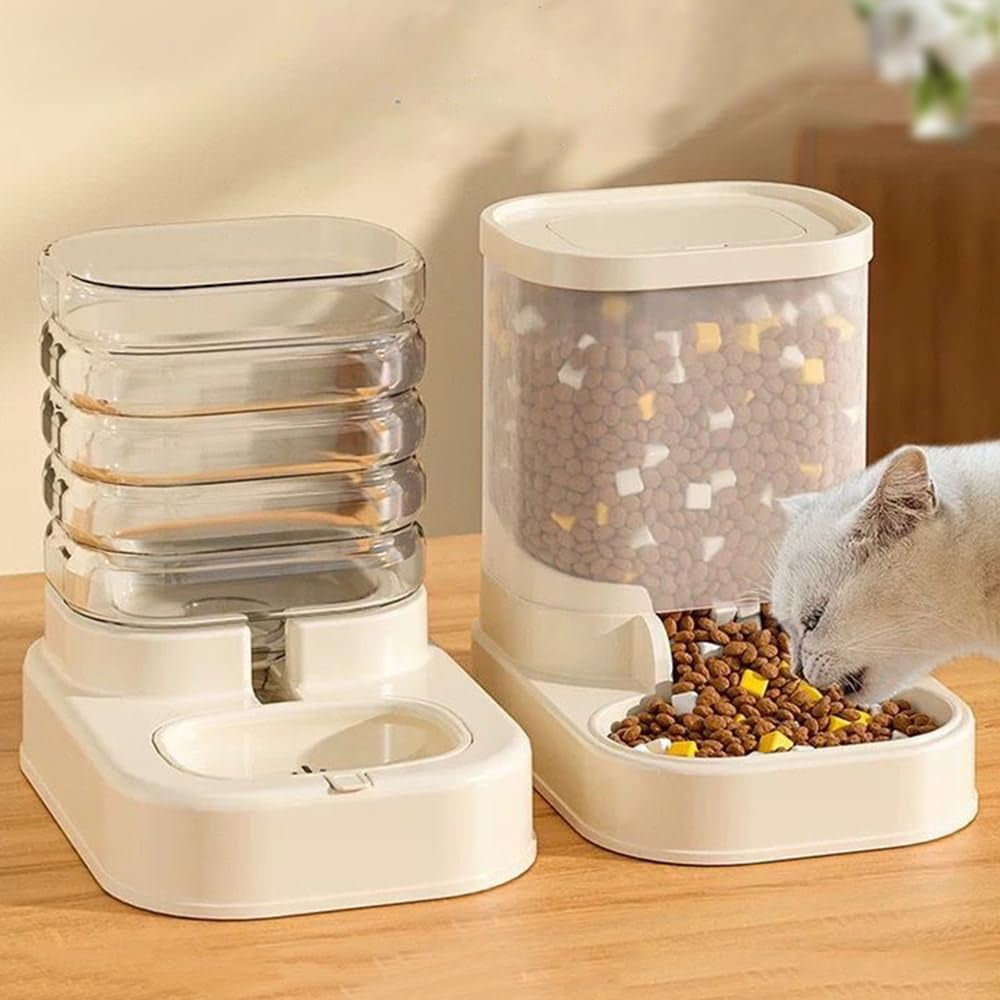 Dog Cat Double Bowls Automatic Cat Feeder and Water Dispenser, Pet Food and Water Feeder Bowls with Automatic Water Bottle for Small Large Dog Pets Puppy Kitten Rabbit (Beige)